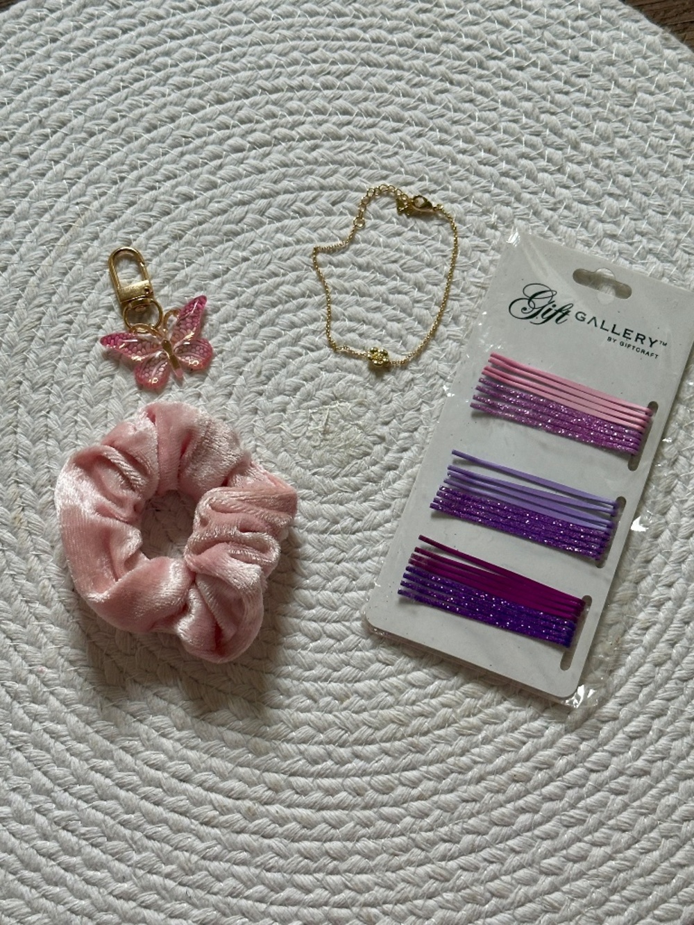 Gold Flower Bracelet + Pink Butterfly Charm Gift Set Scrunchie Bobby Pins Bundle
